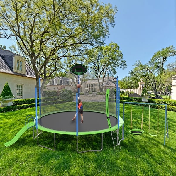 slide 2 of 8, 12FT Trampoline with Slide,Swings,Basketball Hoop and Ladder Green