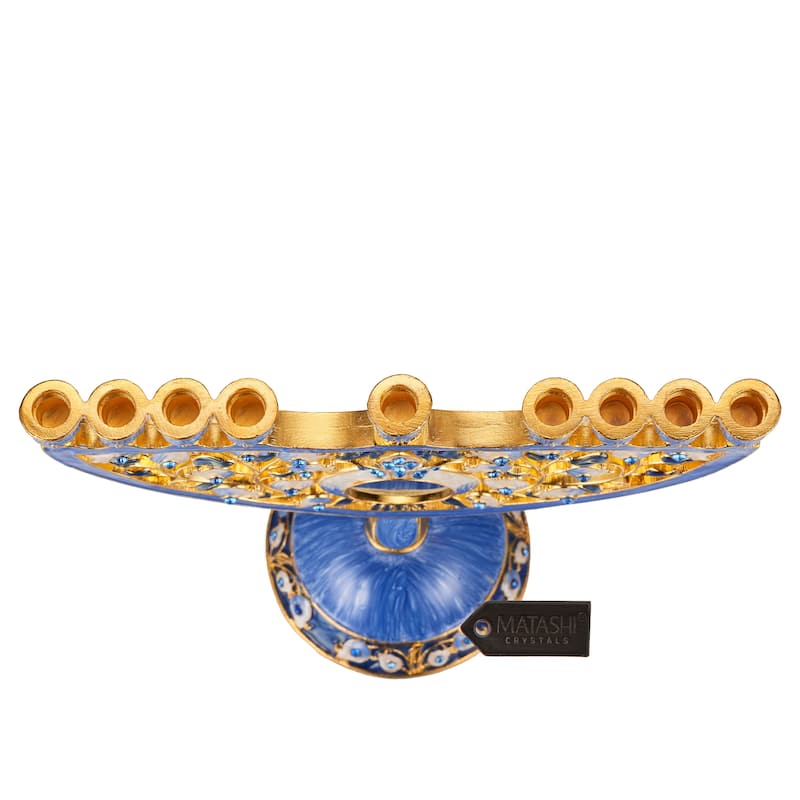 Hand Painted Blue Enamel Pomegranate Design Menorah Candelabra