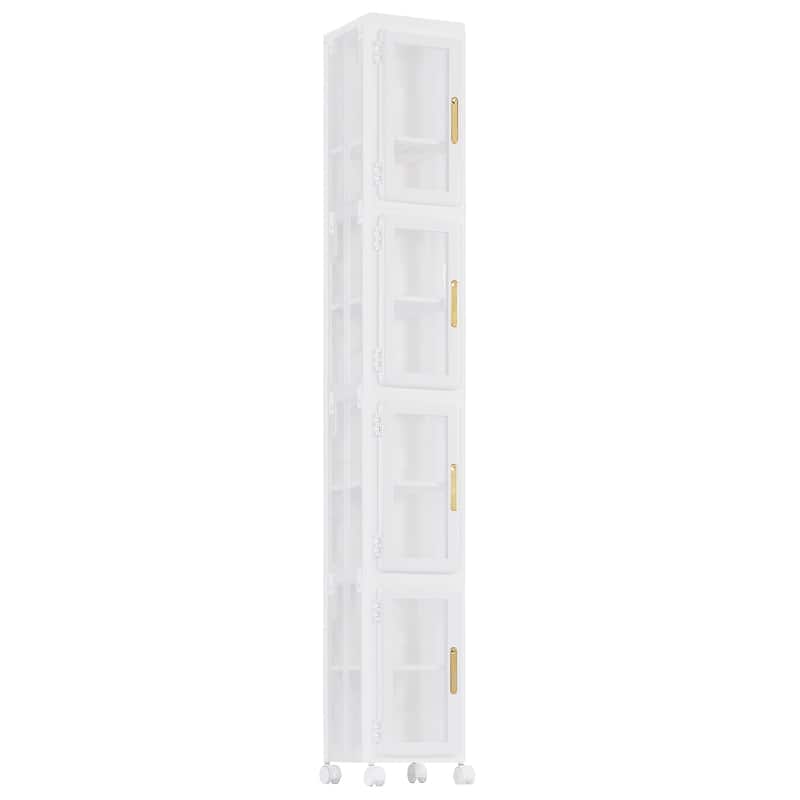 Slim Bathroom Storage Bins Movable Wheels, Tall Narrow Bathroom Storage Cabinet with Transparent Doors and Adjustable Shelf