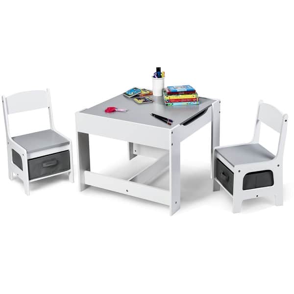 slide 2 of 9, Gymax 3 in 1 Kids Wood Table Chairs Set w/ Storage Box Blackboard Grey