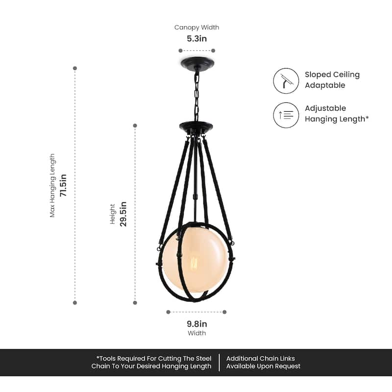 VidaLite Voyager 1-Light Matte Black Pendant, Hanging Pendant Light With Rope Detailing and Smoked Glass Shade - 29" x 12"