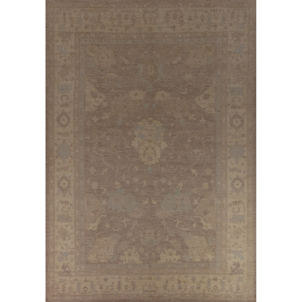Vegetable Dye Oushak Turkish Large Area Rug Handmade Beige Wool Carpet - 9'9"x 13'6"