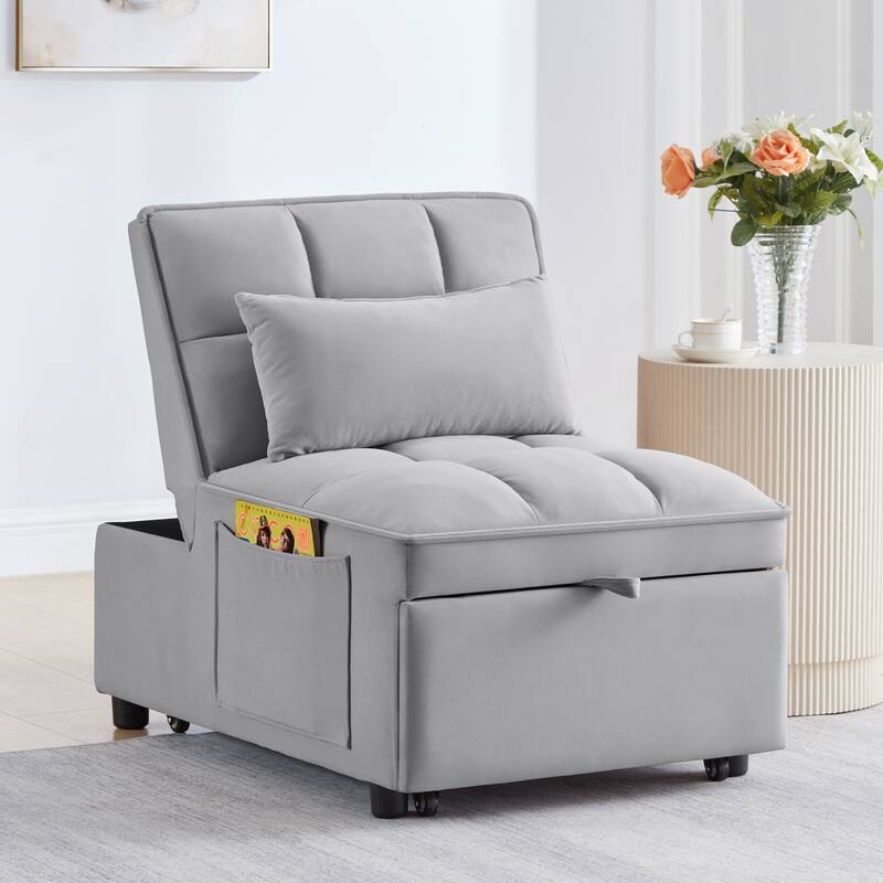 Gray 68.5" Velvet Single Folding Sofa Bed with Adjustable Backrest and Pillows for Living Room