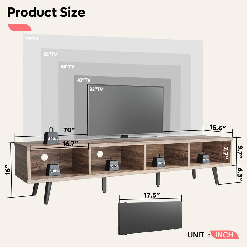 TV Stand for up to 75" TVs with Solid Wood Entertainment Center TV Console Mid-century - 70 inches