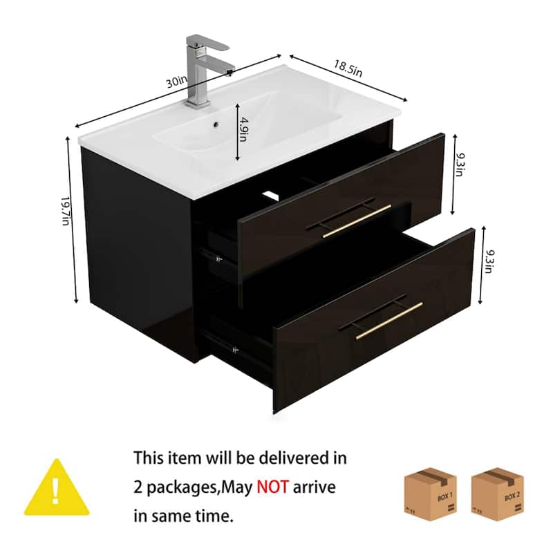 30" Gloss Wall-Mounted Bathroom Vanity with Integrated Ceramic Sink, Double Drawers & Long Metal Handle for Modern Bathrooms