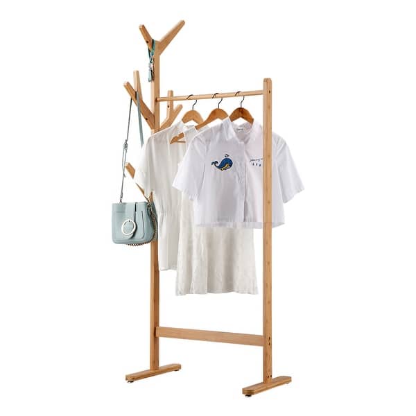 LANGRIA Single Rail Bamboo Garment Rack with 8 Hook Coat Hanger (Natural  Wood Finish) - Bed Bath & Beyond - 23046308