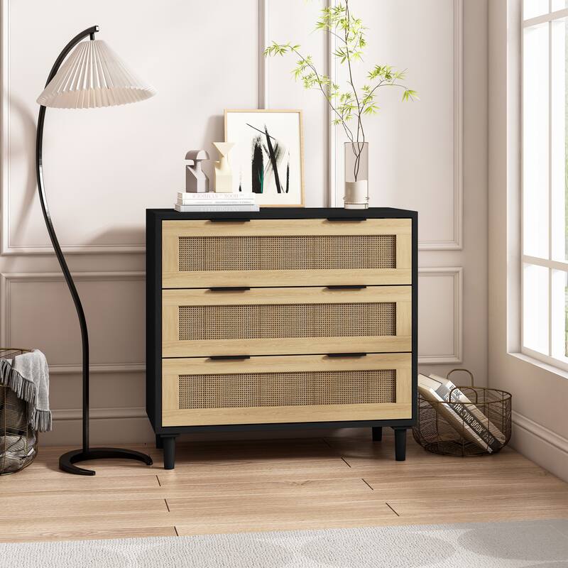 Rattan Storage Cabinet with Three Rattan Drawer - Black