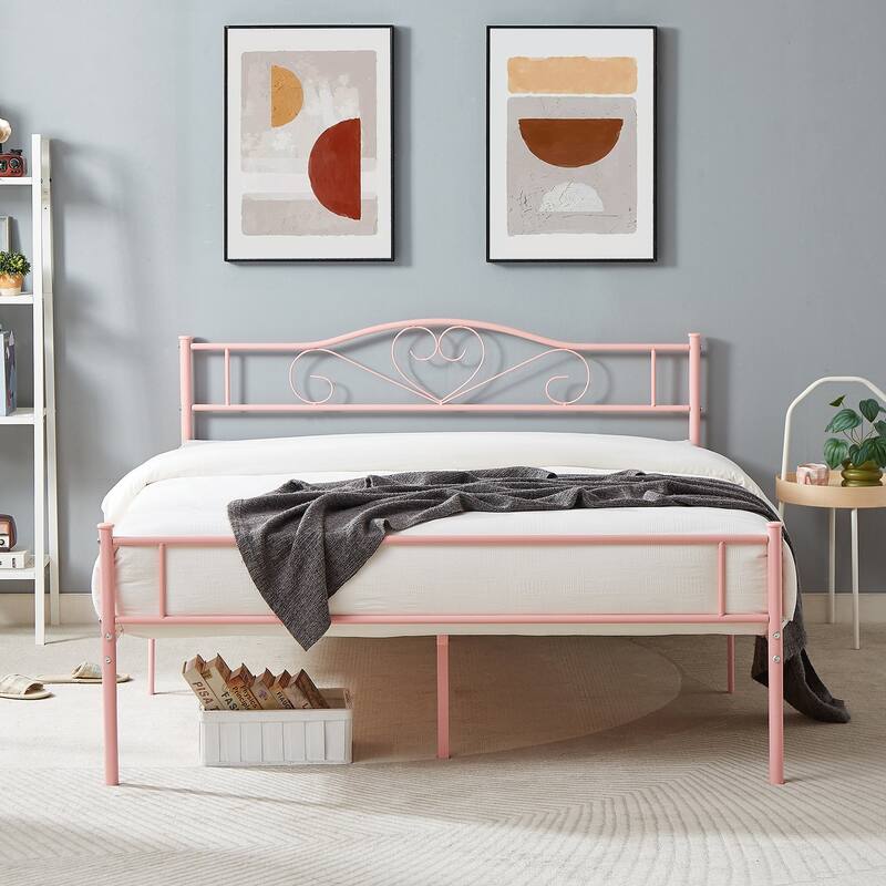 Javlergo Metal Platform Bed Frame with Modern Headboard, No Box Spring Needed - Pink - Queen