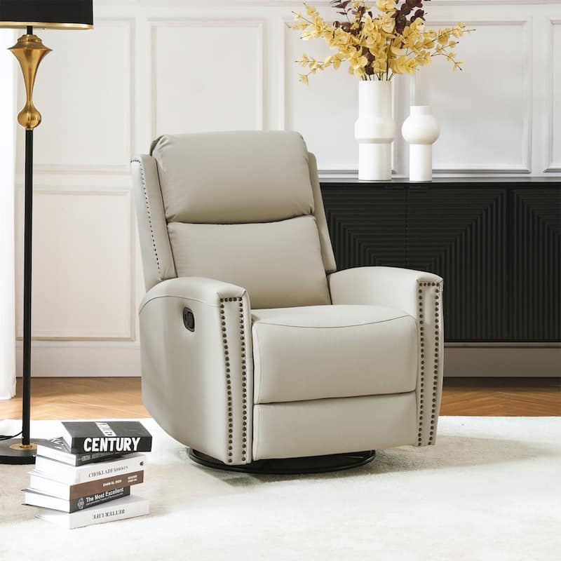 Fiacro 30.31"Wide Modern Genuine Leather Wingback Swivel Rocker Recliner with Nailhead Trims - Beige