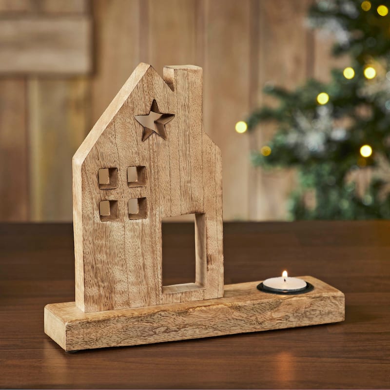 Tealight Holder Wooden Saltbox House w/ Star Natural 10.25x9x2.5 - N/A