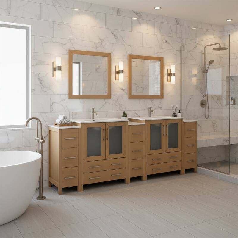 Vanity Art 84" Double Sink Bathroom Vanity Set 10 Dove-Tailed Drawers 4 Cabinets 2 Shelves, Soft-Closing Doors with Free Mirror