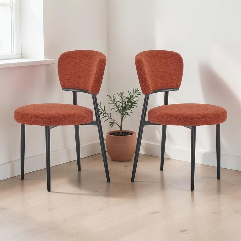 Set of 2 Modern Upholstered Arm Dining Chairs with Metal Legs, Soft Padded Seat & Backrest - Orange