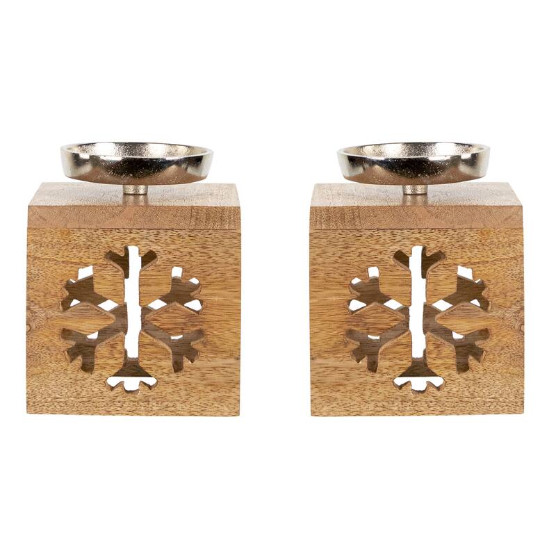 Snowflake Box Wooden Christmas Tealight Holders - 4.75" - Set of 2