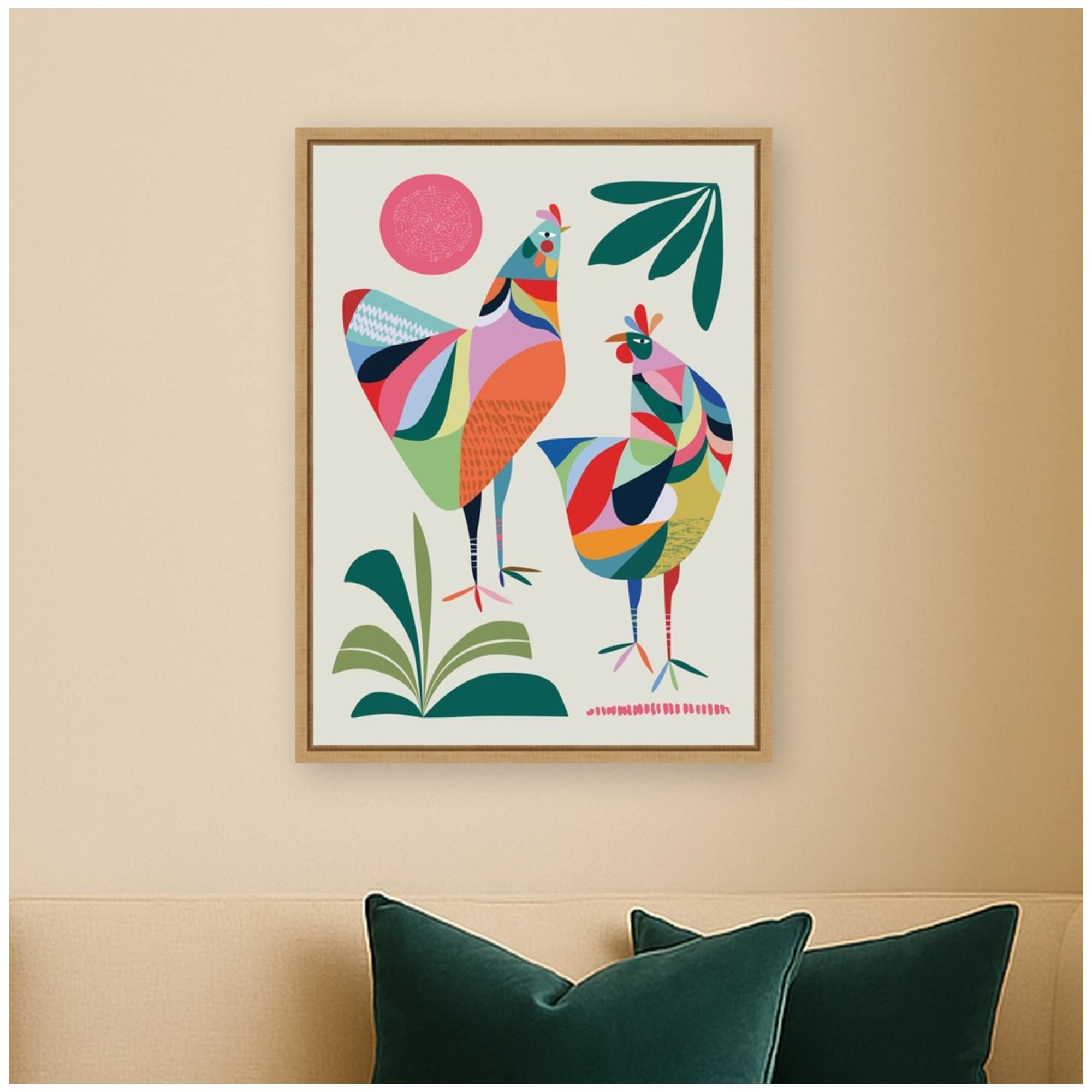 Kate and Laurel Whimsical Chickens by Rachel Lee 3 Birdies Studio Framed Canvas Wall Art Print