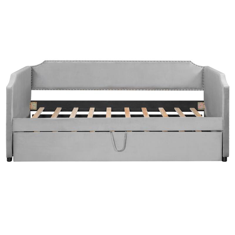 Roomfitters Twin Size Velvet Upholstered Daybed with Pop Up Trundle, Space Saving Sofa Bed Frame with Slats
