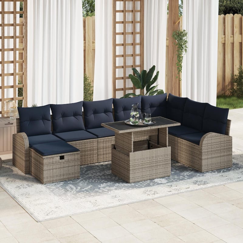 vidaXL 9 Garden Sofa Set with Cushions Black/Brown/Grey Poly Rattan - 113.8 x 70.5 x 27.2 - Grey