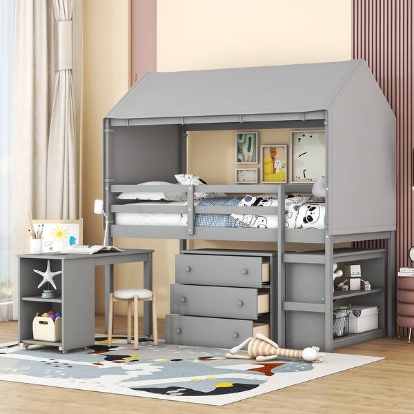 slide 2 of 35, Twin Size House-Shaped Wood Bed Low Loft Bed with Desk & Shelf, Unique Kids Bed Tent Bed with Drawer and Roof for Boys Girls Gray - Twin