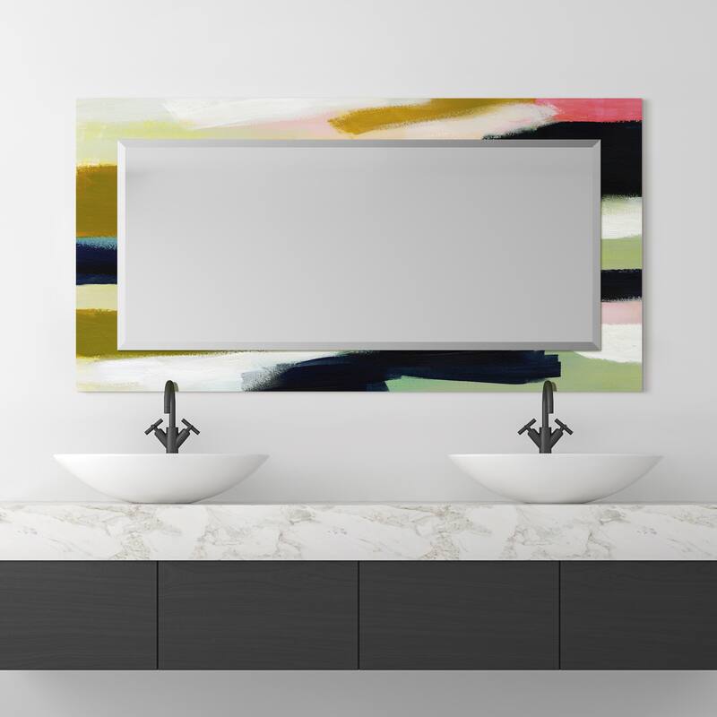Sunder Rectangular Beveled Wall Mirror on Free Floating Printed Tempered Glass