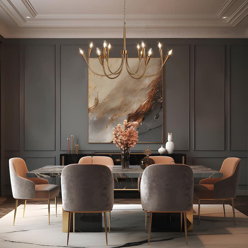 Modern Gold 12-Light Classic Candle Chandelier for Dining Living Room - D 36.2" x H 21.2"
