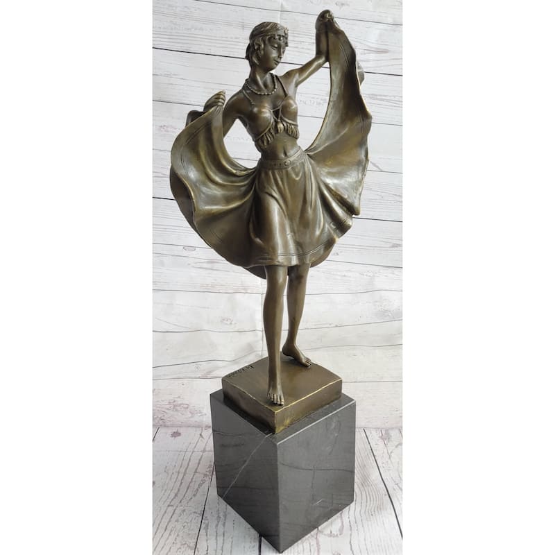 Art Deco Female Dancer In Skirt Bronze Statue Sculpture Figure Marble Base 18 Inches X 9 Inches