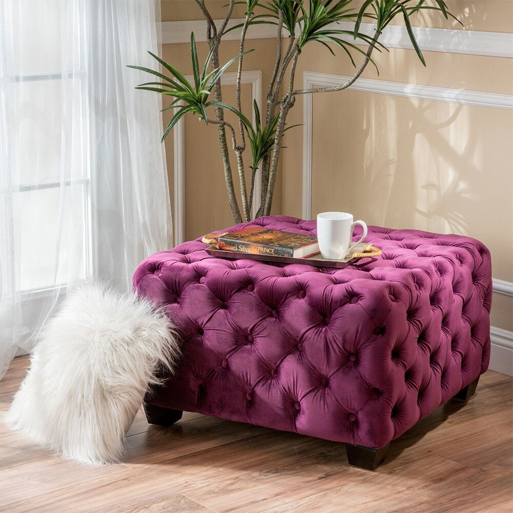Button Tufted Diamond Stitch Velvet Square Ottoman Fuchsia On