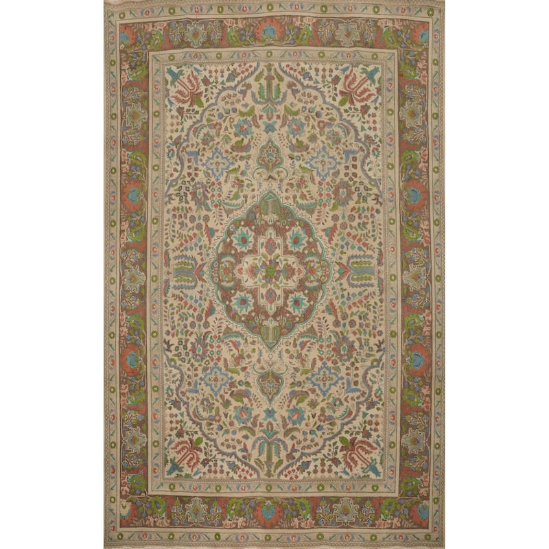 Hand Knotted Oriental 100% Wool Carpet Traditional Floral Beige & Ivories Tabriz Area Rug - 11' 0'' X 7' 10''