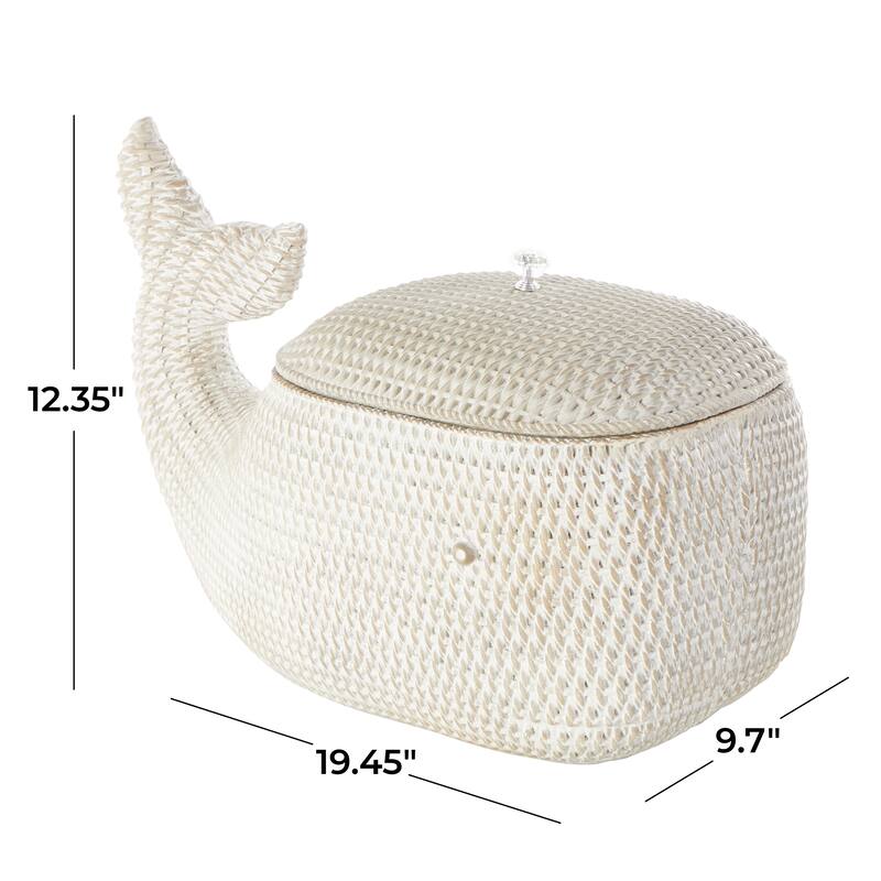 Cream Resin Woven Inspired Storage Whale Box with Clear Knob