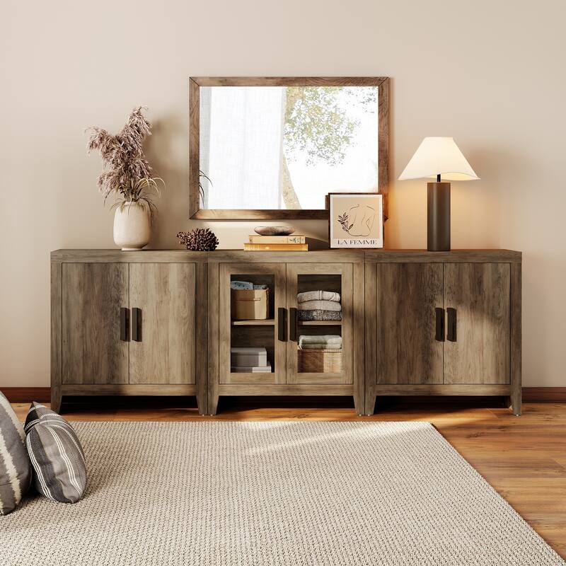 WAMPAT Farmhouse Buffet Cabinet with Glass Doors, 3-Piece Modular Sideboard with Adjustable Shelves