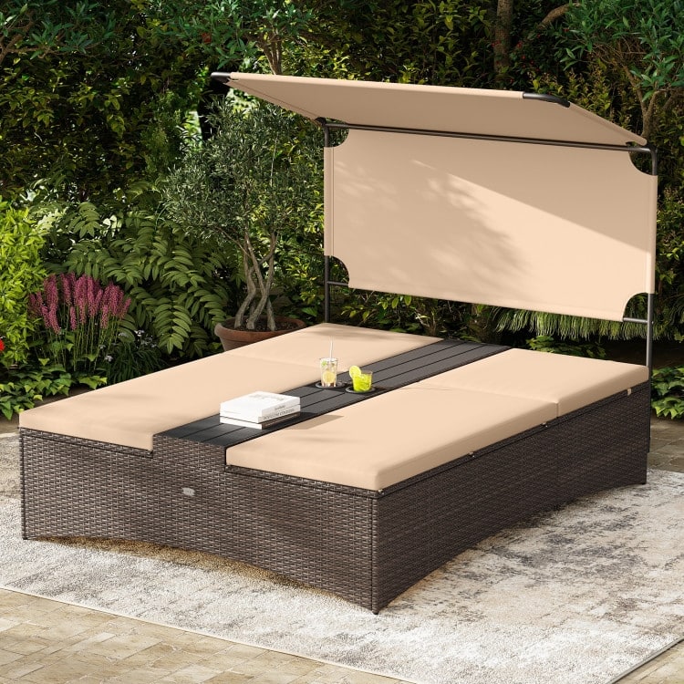 Mix Brown PE Rattan Outdoor Daybed with Cushions and Adjustable Canopy - 75.5" × 59" × 61"