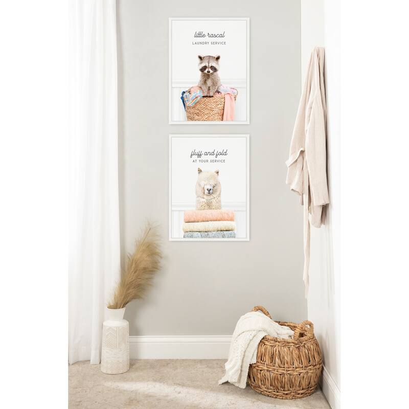 Kate and Laurel Sylvie Animal Fluff Fold and Racoon Little Rascal Laundry Framed Canvas Art Set by Amy Peterson