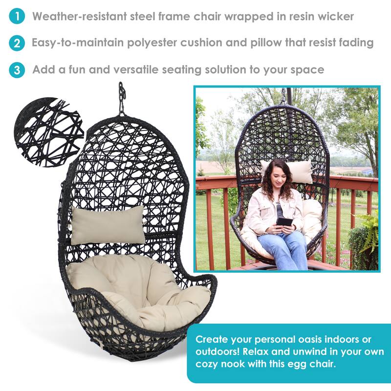 Cordelia Hanging Basket Egg Chair Swing- Resin Wicker - Beige Cushions
