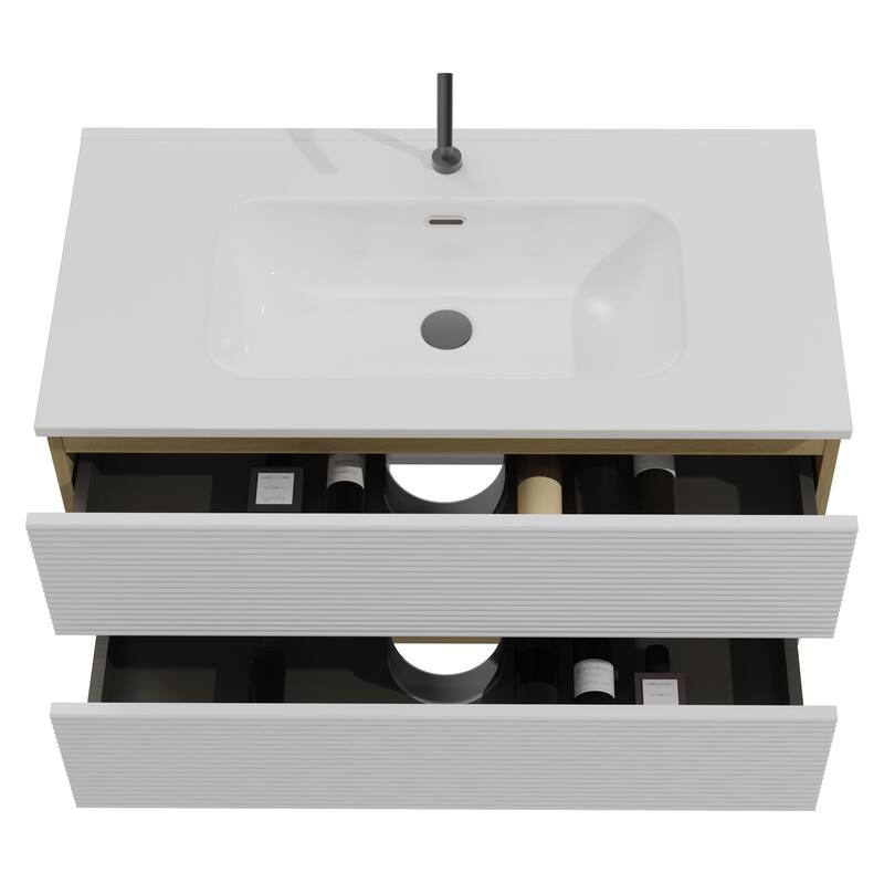 36" Wall Mounted Soft Bathroom Vanity - White + Light Oak