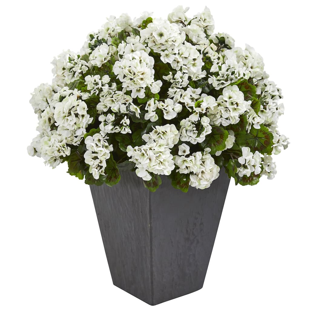 Artificial Plant with Vibrant Blooms in Slate Planter UV Resistant for Indoor Outdoor Decoration - White