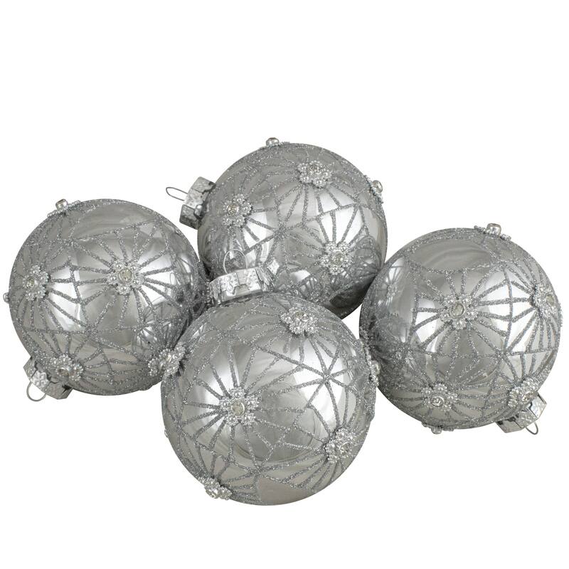 Glittered Floral Christmas Glass Ball Ornaments - 3.25" (80mm) - Silver - 4ct