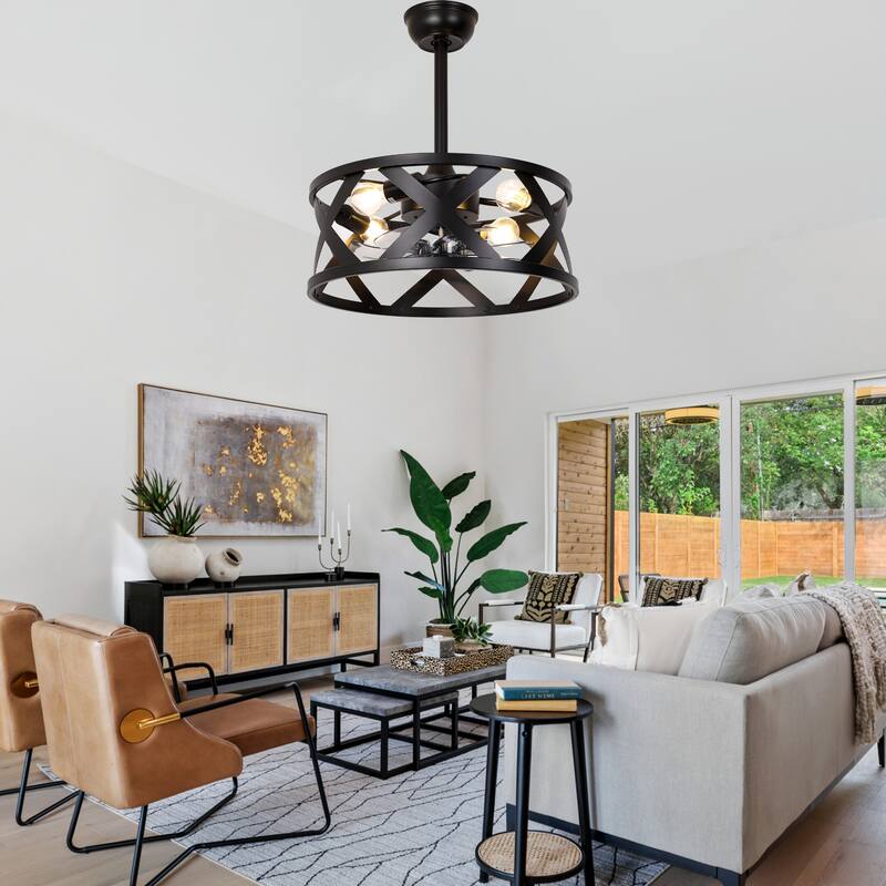 Cusp Barn 20" Farmhouse Caged Ceiling Fan with Lights and Remote, Industrial Black Fandelier, 6-speed Quiet DC Motor Ceiling Fan