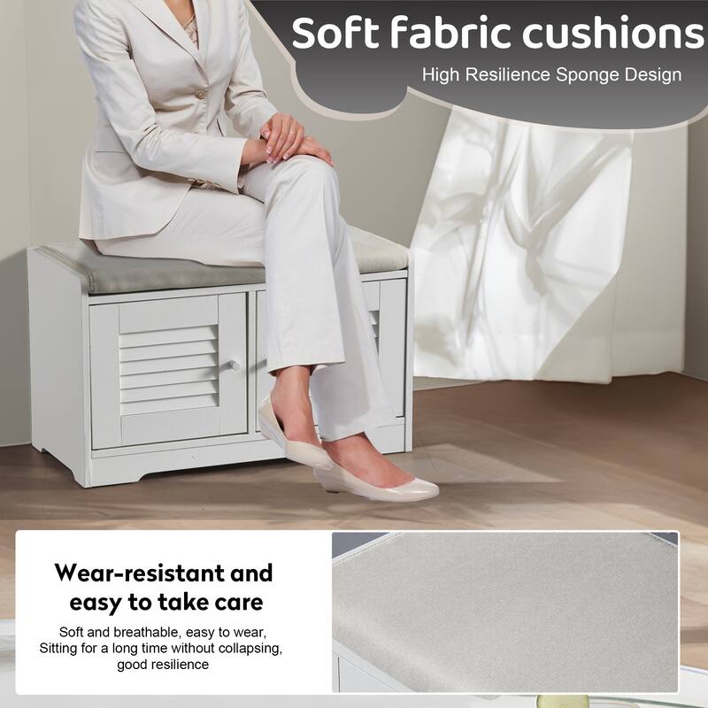 Anmytek Entryway Storage Bench with Cushion Shoe Organizer Seat for Small Spaces Modern White