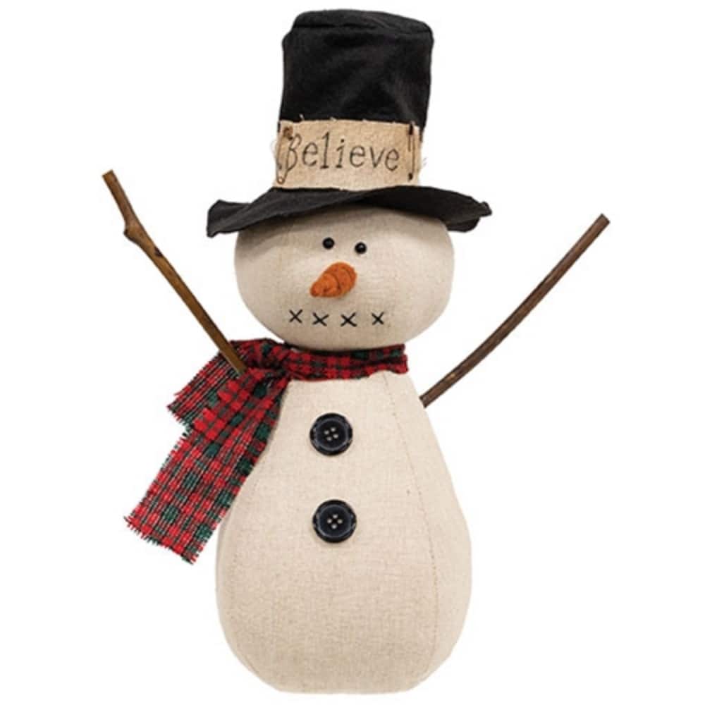 Red Off-White Black Fabric Snowman Doll with Top Hat, Plaid Scarf and Twig Arms - 5 x 5 x 14 in
