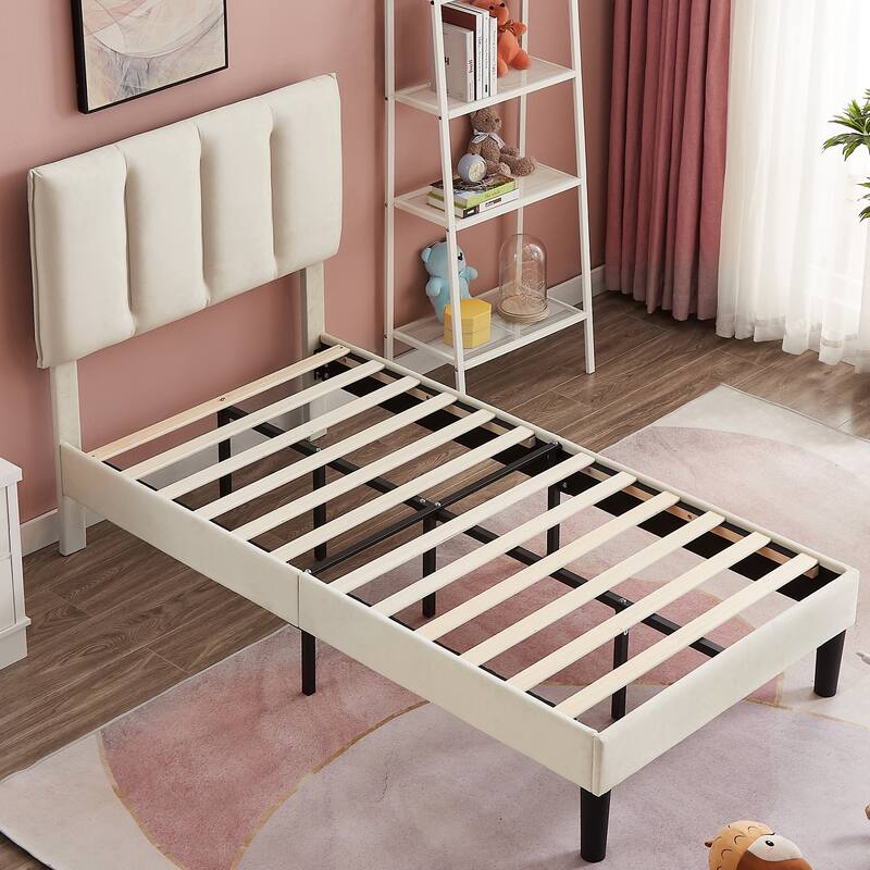 VECELO 3-Pieces Tufted Upholstered Beige Platform Bed Frame with Adjustable Height Headboard and Nightstands Set of 2