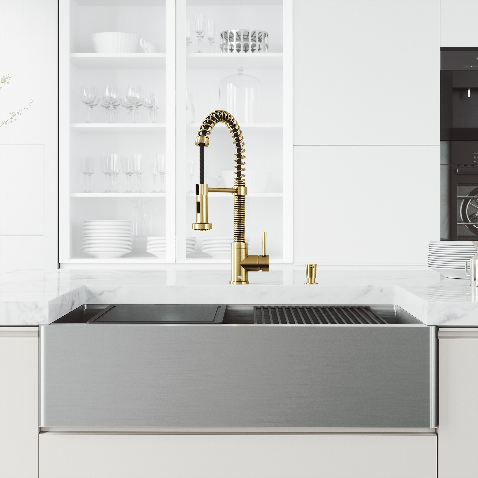 VIGO 36 in. Matte Stone TM Square Front Farmhouse Kitchen Sink and Brant Faucet in Matte Brushed Gold and Matte Black