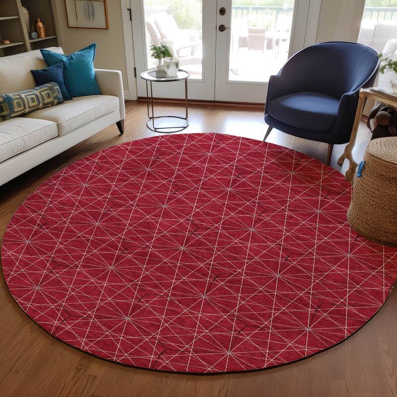 Machine Washable Indoor/ Outdoor Mosaic Geo Chantille Rug - Red - 8' x 8'
