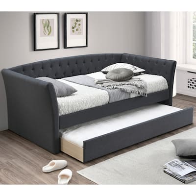 Burlap Upholstered Day Bed With Trundle