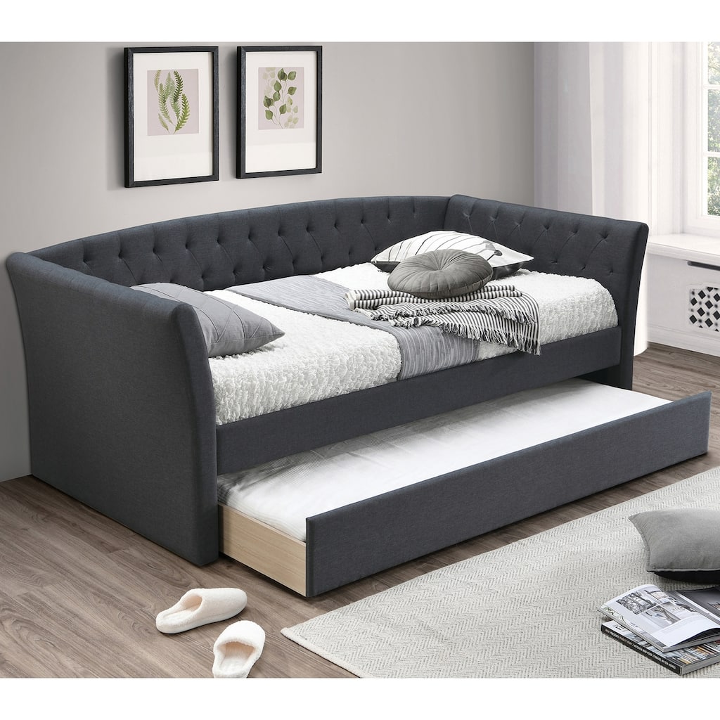 Burlap Upholstered Day Bed With Trundle