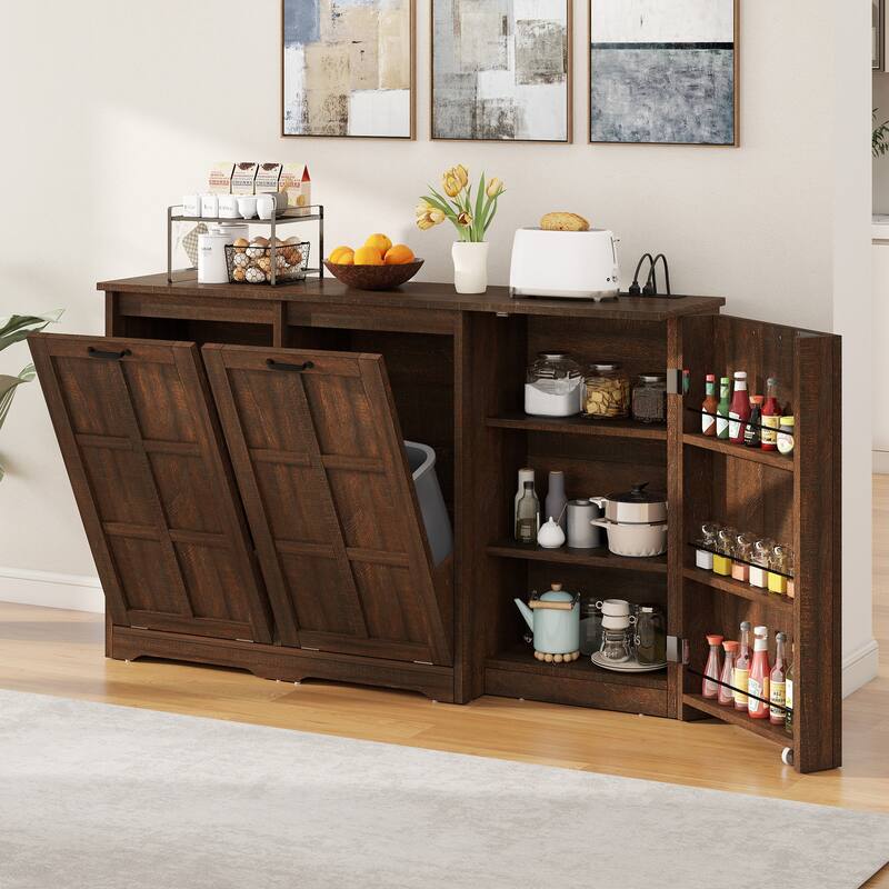 Double Tilt Out Trash Cabinet Kitchen Island with Storage - Brown