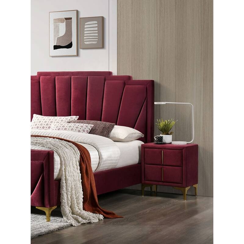 Red And Gold Coated 1pc Nightstand Bar Pull Handle Fully Upholstered Flannelette Classy Bedroom Furniture Bedside Table