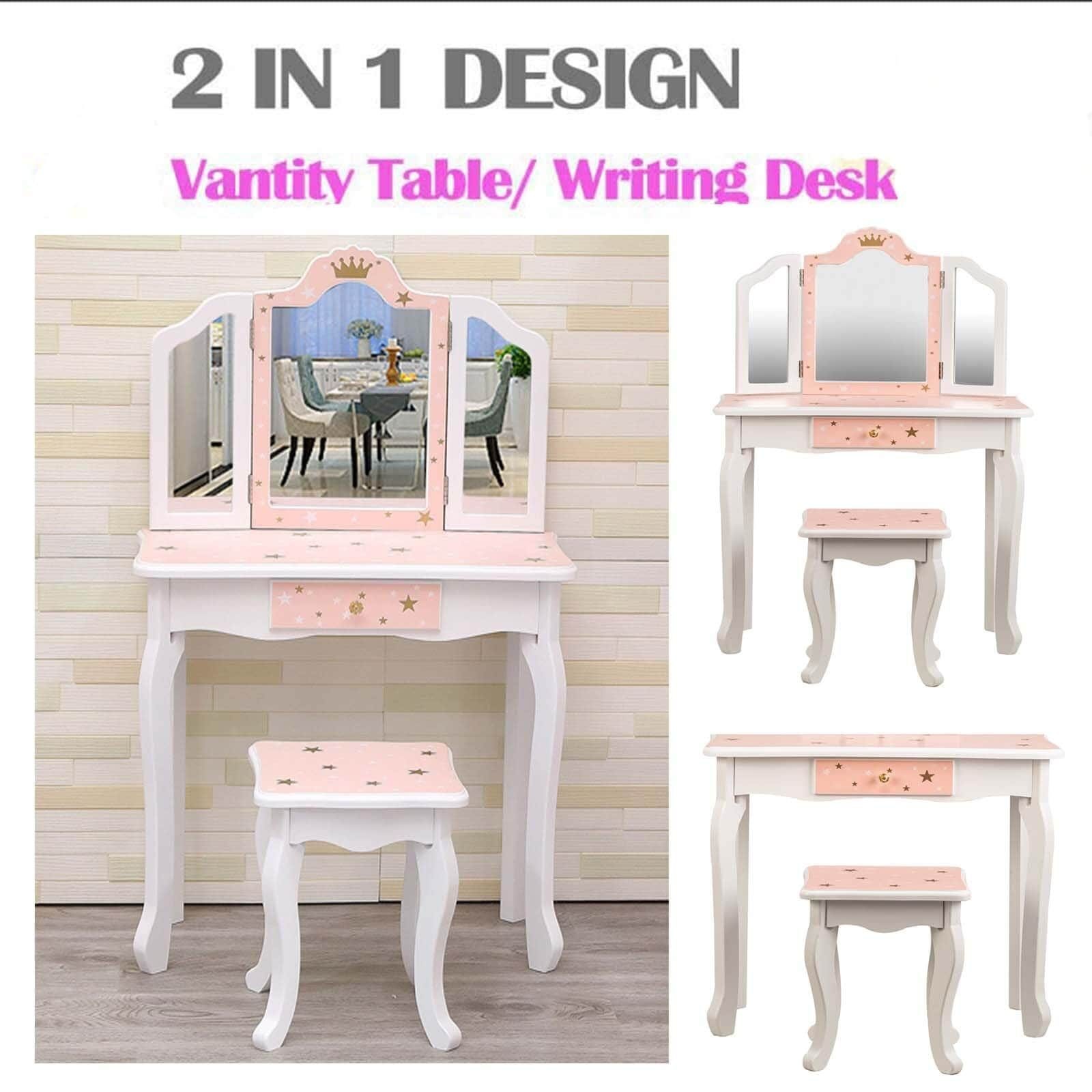 Kids Vanity Girls Vanity Table with Tri Folding Mirror Pink