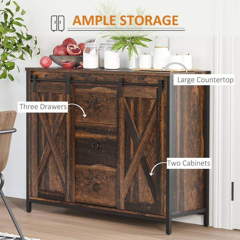 Industrial Farmhouse Buffet Cabinet, Kitchen Sideboard with Sliding Barn Doors, Three Drawers and Adjustable Shelves