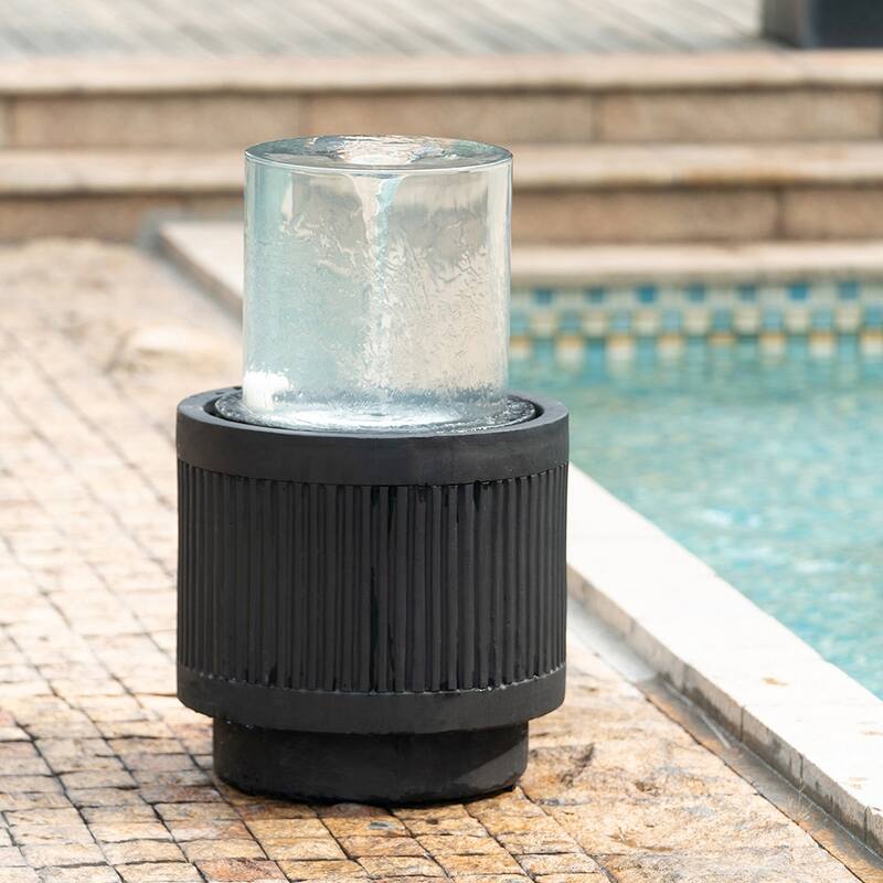 20x20x19.5" Heavy Cement Round Black Ribbed Outdoor Water Fountain with Light (Color Change) - Black