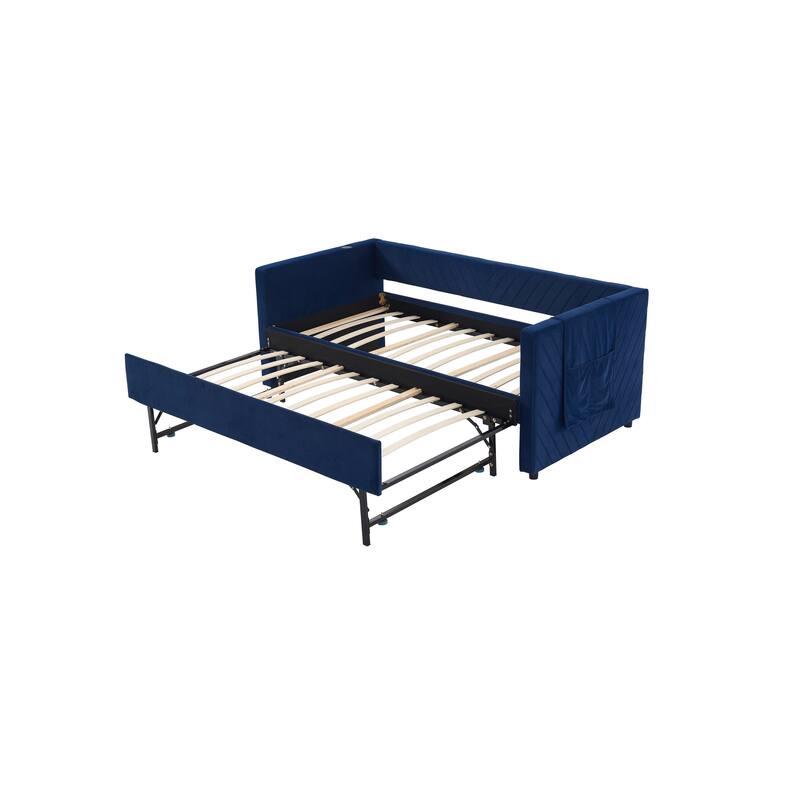 Twin Size Velvet Daybed with Trundle, USB Charging Port & Side Pockets, Modern Upholstered Sofa Bed with V-Pattern Backrest