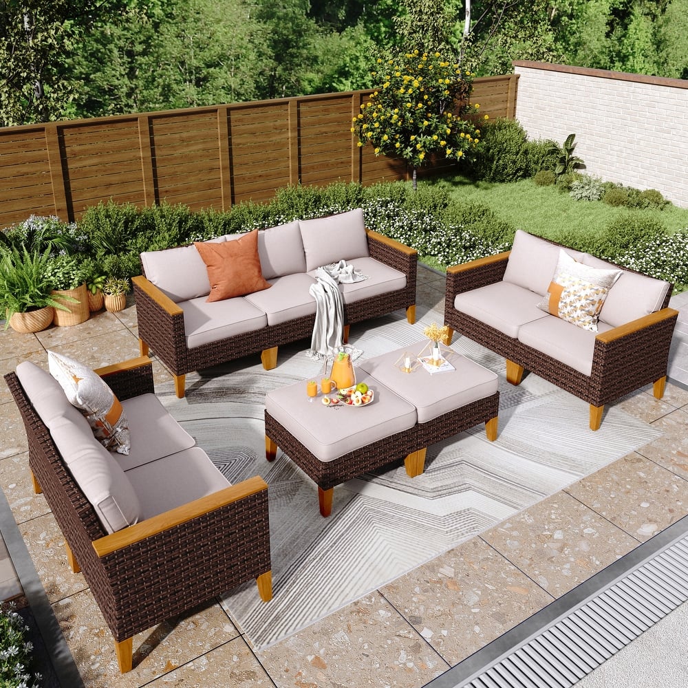 9-Piece Outdoor Wicker Sectional Sofa Patio Furniture Luxury Conversation Set, Beige Cushion