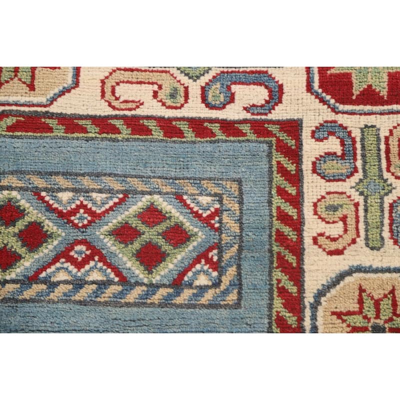 Blue Geometric Kazak Runner Rug Hand-Knotted Traditional Wool Carpet - 3'4" x 16'4"